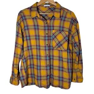 Staccato Button Up Shirt Top Women's Medium Yellow Plaid Western Pocket Cotton